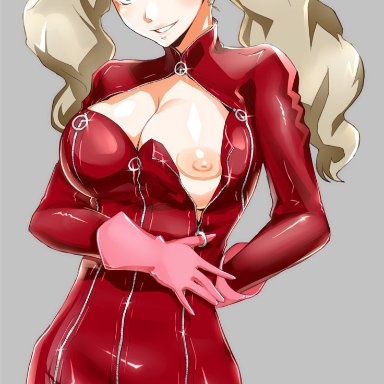 1girls, ann takamaki, big breasts, bodysuit, clothed, female, female only, flashing, io st, long hair, nipples, persona, persona 5, solo