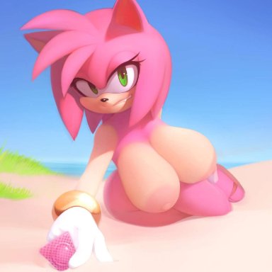 1girls, amy rose, anthro, beach, breasts, condom, female, female only, green eyes, grin, large breasts, looking at viewer, pink hair, plantpenetrator, sega