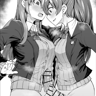 2girls, absurdres, bar censor, blush, bottomless, cardigan, censored, clothed, clothing, erection, futa with futa, futanari, greyscale, highres, jacket