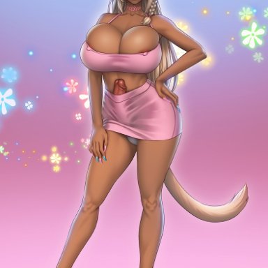 big breasts, big lips, bimbo, breast squeeze, breasts, cleavage, clothed, clothing, dark skin, dickgirl, erection, erection under clothes, final fantasy, final fantasy xiv, futa only