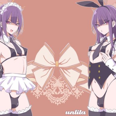 2boys, bulge, crossdressing, erect nipples, femboy, girly, legwear, maid outfit, nagano rira, thong, trap, violet hair