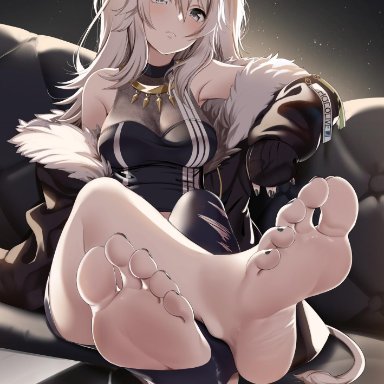 1girls, animal ears, animal tail, barefoot, black nail polish, black nails, blush, casino (casinoep), close-up, clothed, clothed female, feet, feet first, feet together, female