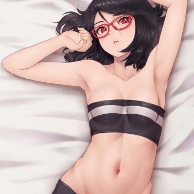 1girls, abs, armpits, arms above head, artist request, bare shoulders, bed, bed sheet, belly button, black hair, boruto: naruto next generations, bracelet, breasts, cleavage, clothed