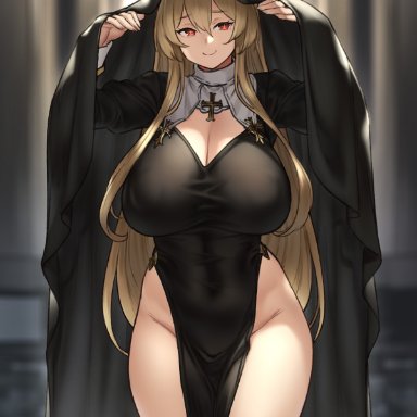 1girls, 2d, breasts, cleavage, female, female only, houtengeki, huge breasts, nun, solo, thick thighs, thighhighs, wide hips