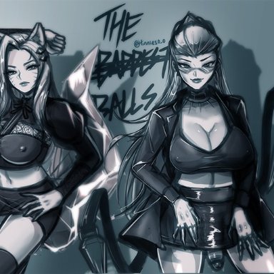 4futas, ahri, akali, alternate costume, areolae, big breasts, big penis, breasts, choker, clothed, clothed female, clothes, dickgirl, erect nipples, erection under skirt