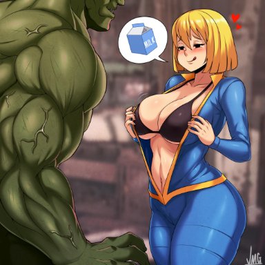 big breasts, clothed female, clothed female nude male, fallout, female, female focus, female only, jmg, short hair, solo, solo female, solo focus, tagme, vault girl