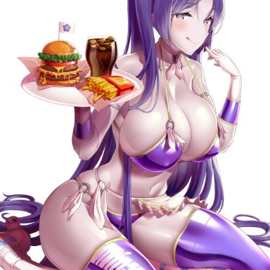 alternate costume, alternate hairstyle, big breasts, bikini, fate (series), fate/grand order, holding object, huge breasts, licking lips, looking at viewer, minamoto no raikou (fate/grand order), pale skin, pale-skinned female, purple hair, thick thighs