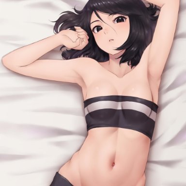1girls, abs, armpits, arms above head, artist request, bare shoulders, bed, bed sheet, belly button, black eyes, black hair, boruto: naruto next generations, bracelet, breasts, cleavage
