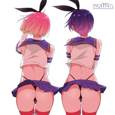 2boys, ass, back view, femboy, legwear, nagano rira, ribbon, rose hair, short hair, skirt, skirt up, thong, trap, two tone hair, violet hair