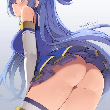 1girls, aqua (konosuba), ass, big ass, blue eyes, blue hair, blush, boots, bottom heavy, bottomless, breasts, eye contact, female, hair ornament, kono subarashii sekai ni shukufuku wo!