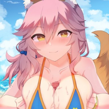 1boy, animal ear fluff, animal ears, ashido (acidex), bikini, blue bikini, blush, breast squeeze, breasts, censored, cleavage, clothed female nude male, clothed sex, collarbone, fate (series)