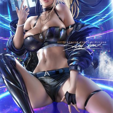 1girls, akali, alternate costume, big breasts, breasts, cleavage, female, female only, k/da akali, k/da series, large breasts, league of legends, looking at viewer, sakimichan, solo