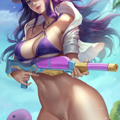 bottomless, caitlyn, gun, league of legends, lol, nopeys, pubic hair, purple hair, pussy, vagina, weapon