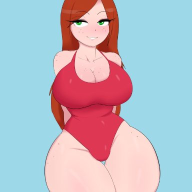 1girls, big breasts, blue background, blush, eye contact, female, freckles, g3mma, gravity falls, green eyes, half-closed eyes, huge thighs, large breasts, long hair, looking at viewer