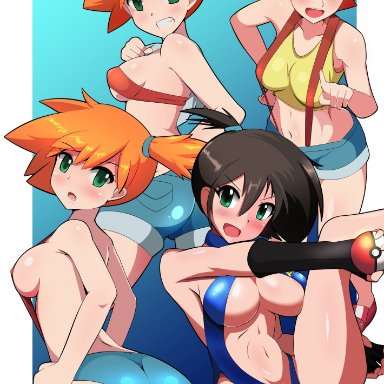 1girls, ass, big ass, black hair, blush, breasts, eye contact, female, green eyes, halubato, kasumi (pokemon), looking at viewer, minishorts, nintendo, orange hair