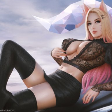 1girls, ahri, big breasts, blonde hair, breasts, cleavage, female, female only, high heel boots, high heels, large breasts, league of legends, looking at viewer, pink highlights, solo