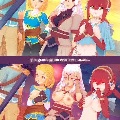 2koma, 3d, biting finger, blood moon, bob cut, breasts, breath of the wild, breath of the wild 2, clothed, corruption, exposed breasts, glowing eyes, hylian, imminent rape, link