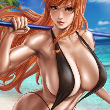 1girls, abs, big breasts, bikini, breasts, cleavage, dandon fuga, female, female only, large breasts, looking at viewer, nami, one piece, sling bikini, solo