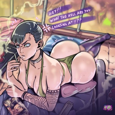 2girls, akatsuki (naruto), alternate hairstyle, angry, arm tattoo, ass, attack on titan, big ass, big breasts, bikini, black hair, breasts, cellphone, cigarette, d-art