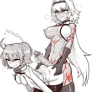 2futas, ahoge, animal ears, areolae, bent over, big breasts, big penis, caenis (fate/grand order), clothed, clothing, cum, cum in clothes, cum on body, cum on penis, dark skin