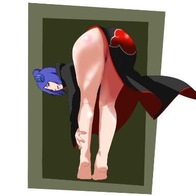 akatsuki (naruto), barefoot, bent over, blue hair, bottomless, cloak, eyeshadow, feet, flower, hair ornament, hairy, hairy pussy, hell904, konan, looking at viewer