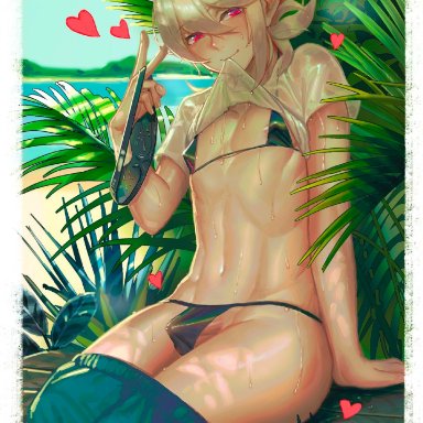 1boy, abs, ass, bikini, corrin (fire emblem), corrin (fire emblem) (male), crossdressing, erection, femboy, fire emblem, fire emblem fates, girly, nintendo, pants down, peace sign