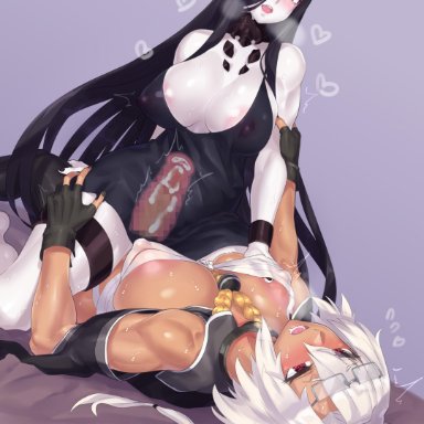 2girls, absurdres, areola slip, areolae, arm grab, battleship hime, black gloves, black nails, blush, breast grab, breasts, censored, cleavage, clothed sex, clothing