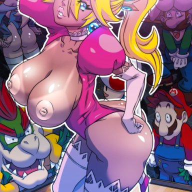 3boys, 3girls, areolae, ass, big ass, big breasts, blue eyes, bowser, elchingue, large ass, large breasts, luigi, mario, mario (series), mustache