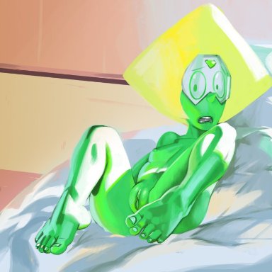 1girl, badrainbow, blonde hair, feet, goggles, green skin, lying, nude, peridot (steven universe), pussy, small breasts, solo, steven universe