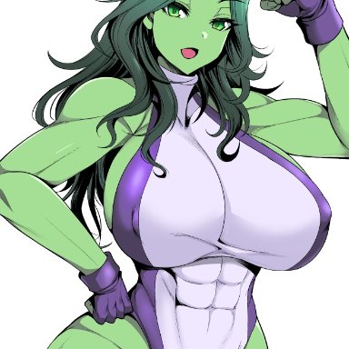 big breasts, black hair, clothed female, female, female focus, female only, green eyes, green skin, hulk (series), jennifer walters, long hair, marvel, muscular female, nipples, nipples visible through clothing