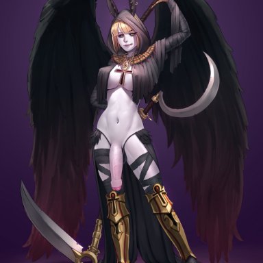 1futa, arms behind back, balls in panties, big breasts, black sclera, blonde hair, clothed, clothing, demon, demon girl, flacid penis, futa only, futanari, humanoid, humanoid penis