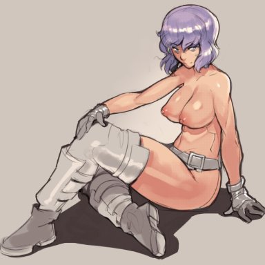 1girl, ankle boots, areolae, belt, ghost in the shell, ghost in the shell: stand alone complex, gloves, grey background, kusanagi motoko, large breasts, nipples, norasuko, puffy areola, purple eyes, purple hair