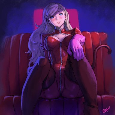 ann takamaki, big breasts, bimbo, blonde hair, blue eyes, blush, breasts, cat tail, cute, dominatrix, eyeliner, gloves, lipstick, long hair, ozkh