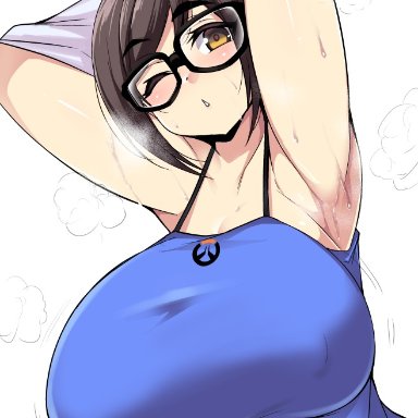 big breasts, brown eyes, brown hair, clothed female, female, female focus, female only, long hair, mature female, mei (overwatch), nipples, nipples visible through clothing, nishida megane, overwatch, solo