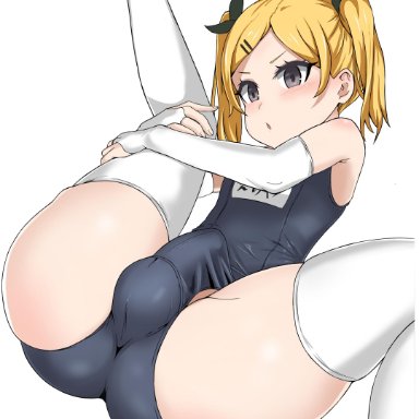 1futa, blonde hair, blush, detached sleeves, erection, erection under clothes, flat chest, futanari, hair ornament, human, kimwangjyang, pale skin, penis under clothes, shirobako, short hair