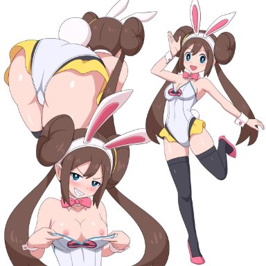 1girls, areolae, ass, big ass, blue eyes, blush, breasts, brown hair, bunny ears, bunnysuit, double bun, female, grin, nintendo, nipples