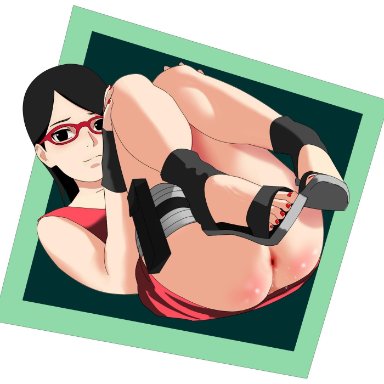 1girls, after anal, anus, ass, bent knees, black eyes, black hair, boots, boruto: naruto next generations, dress, feet, female, female only, fingerless gloves, glasses