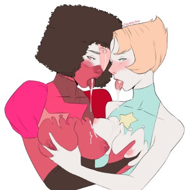 2girls, blanclauz, blush, breast grab, breast squeeze, breasts outside, bust, clothed, dark skin, dripping, flat colors, garnet (steven universe), leotard, looking at viewer, medium breasts