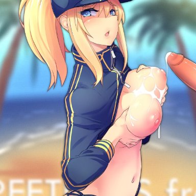 1boy, 1girls, ahoge, baseball cap, big breasts, blonde hair, blue eyes, breasts, cameltoe, cap, cum, cum on breasts, fate (series), fate/grand order, female