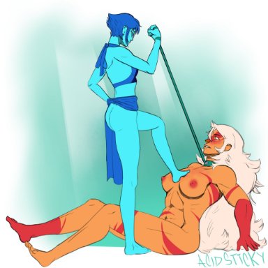 2girls, acidsticky, ass, blue skin, domination, feet, flat colors, full body, jasper (steven universe), lapis lazuli (steven universe), leash, muscular female, nude, orange skin, short hair