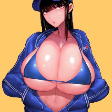 bikini top, black hair, cleavage, curvy, female, huge breasts, long hair, looking at viewer, open mouth, original, original character, partially clothed, thick thighs