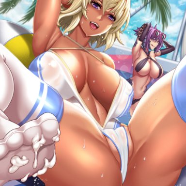 2girls, abs, arms behind back, ass, au ra, beach, bikini, blonde hair, blue eyes, cameltoe, dark skin, feet, final fantasy, final fantasy xiv, flower