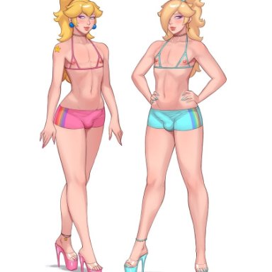 crossdressing, erection under clothes, femboy, girly, hot pants, nippleless bra, nippleless clothes, platform heels, princess peach, princess rosalina, rule 63, sissy, super mario bros., tagme, trap