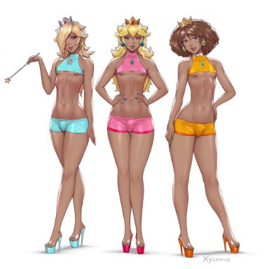 bulge, crossdressing, dark skin, femboy, girly, heels, hotpants, microshirt, platform heels, princess daisy, princess peach, princess rosalina, rule 63, super mario bros., trap