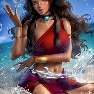 1girls, avatar the last airbender, ayyasap, big breasts, dark-skinned female, female, female focus, female only, katara, long hair, solo, solo female, solo focus