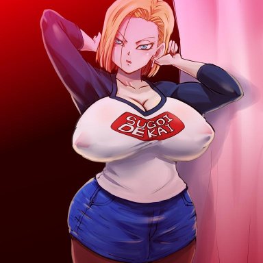 1girls, android 18, blonde hair, blue eyes, cameltoe, cleavage, curvy, dragon ball, erect nipples, female, huge areolae, huge ass, huge breasts, puffy nipples, rickert kai