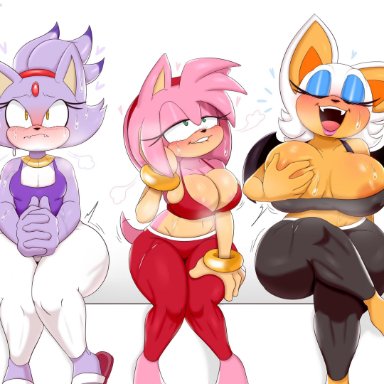 3girls, amy rose, anthro, bat, big breasts, blaze the cat, blush, breast squeeze, breasts, cat, chiropteran, cleavage, feline, female, female only