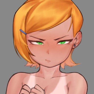 ben 10, blush, bound, bound wrists, cropped, female, female only, green eyes, gwen tennyson, mayhem (artist), nipples, orange hair, short hair, tagme, tanline