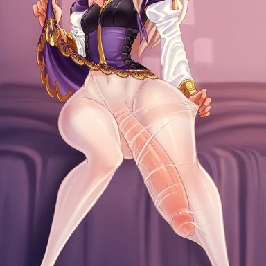 1futa, big penis, blush, clothing, dress, dress lift, erection under clothes, fire emblem, fire emblem: three houses, fully clothed, futanari, grin, huge cock, huge penis, jewelry