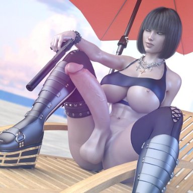 1futa, 3d, abs, balls, beach, beach chair, beach umbrella, bob cut, boots, bracelet, breasts, cross necklace, dark hair, erection, eyeshadow